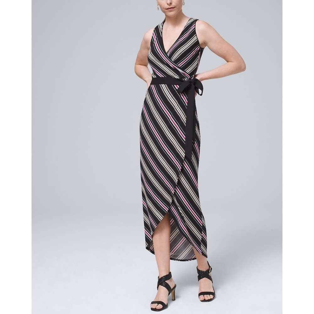 White House Black Market Black Striped Midi Wrap Dress